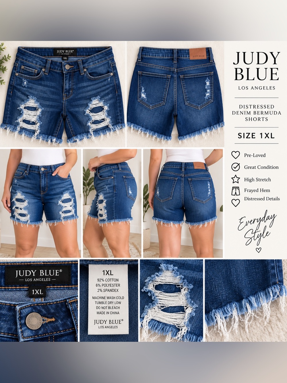Judy Blue Dark Wash Distressed Denim Shorts - Blue 1XL